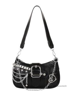 Y2K Star Embroidery PU Leather Chain Hobo Handbag Top Zipper Closure